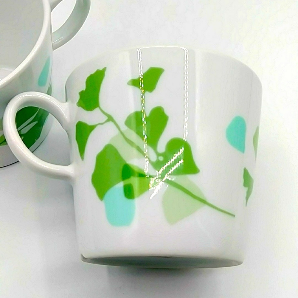 2 IKEA Stilenlig White Mugs With Ginko Leaves.